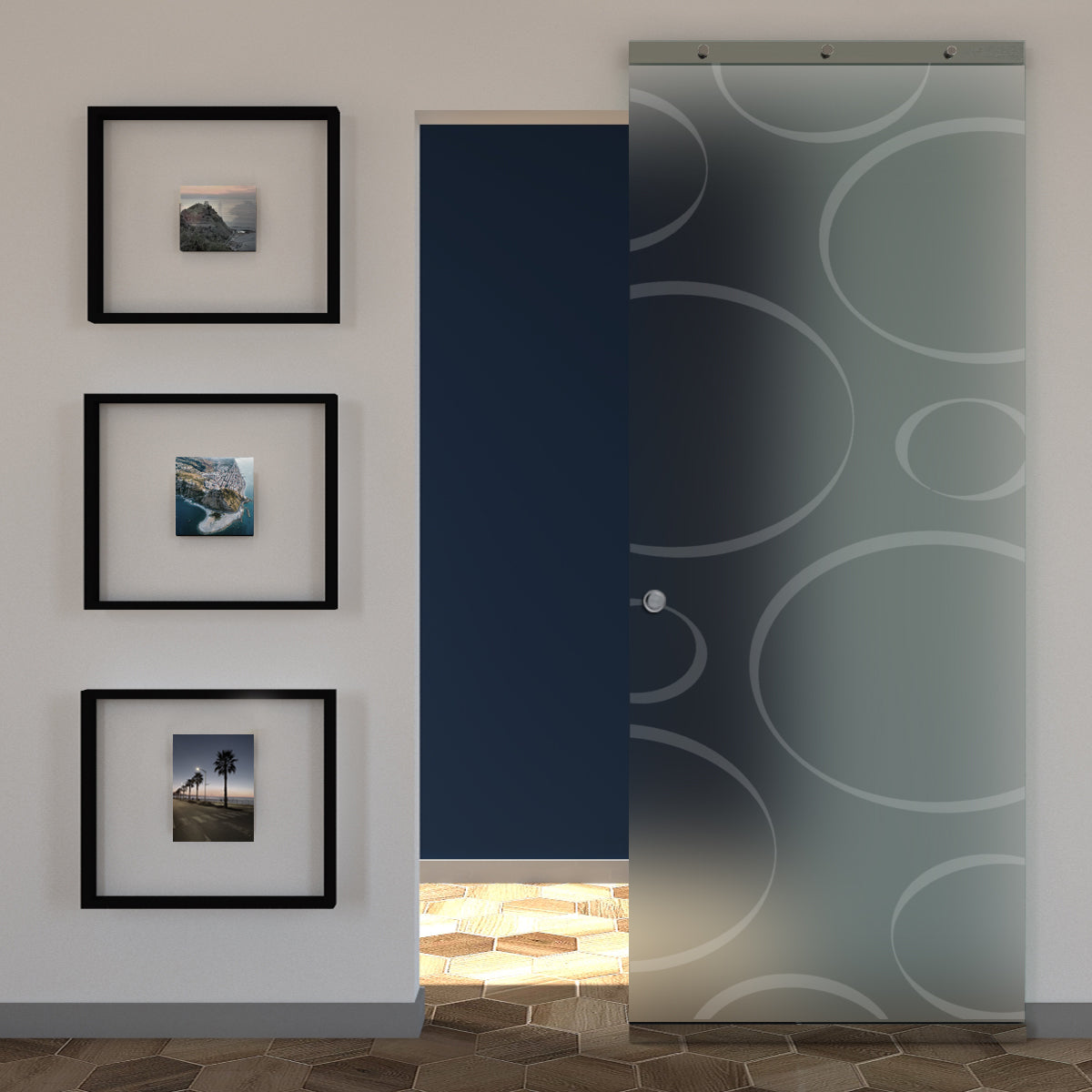 Sliding Satin Glass Door and Sandblasted Design with Invisible Magical Track