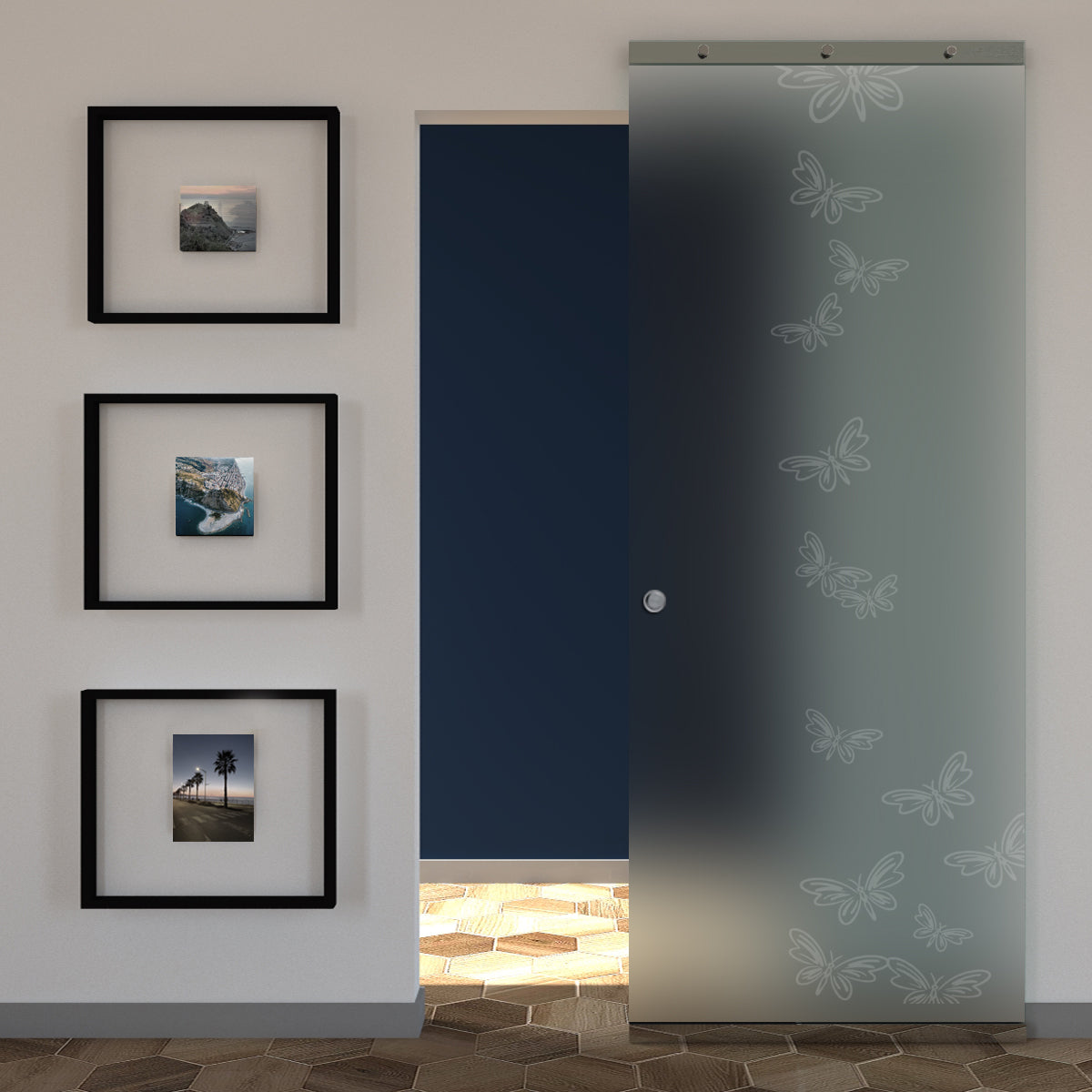 Sliding Satin Glass Door and Sandblasted Design with Invisible Magical Track