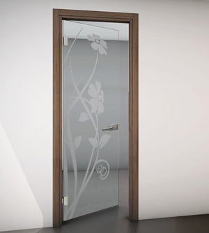 Hinged Door with Wooden Frame and Clear Glass with Sandblasted Design