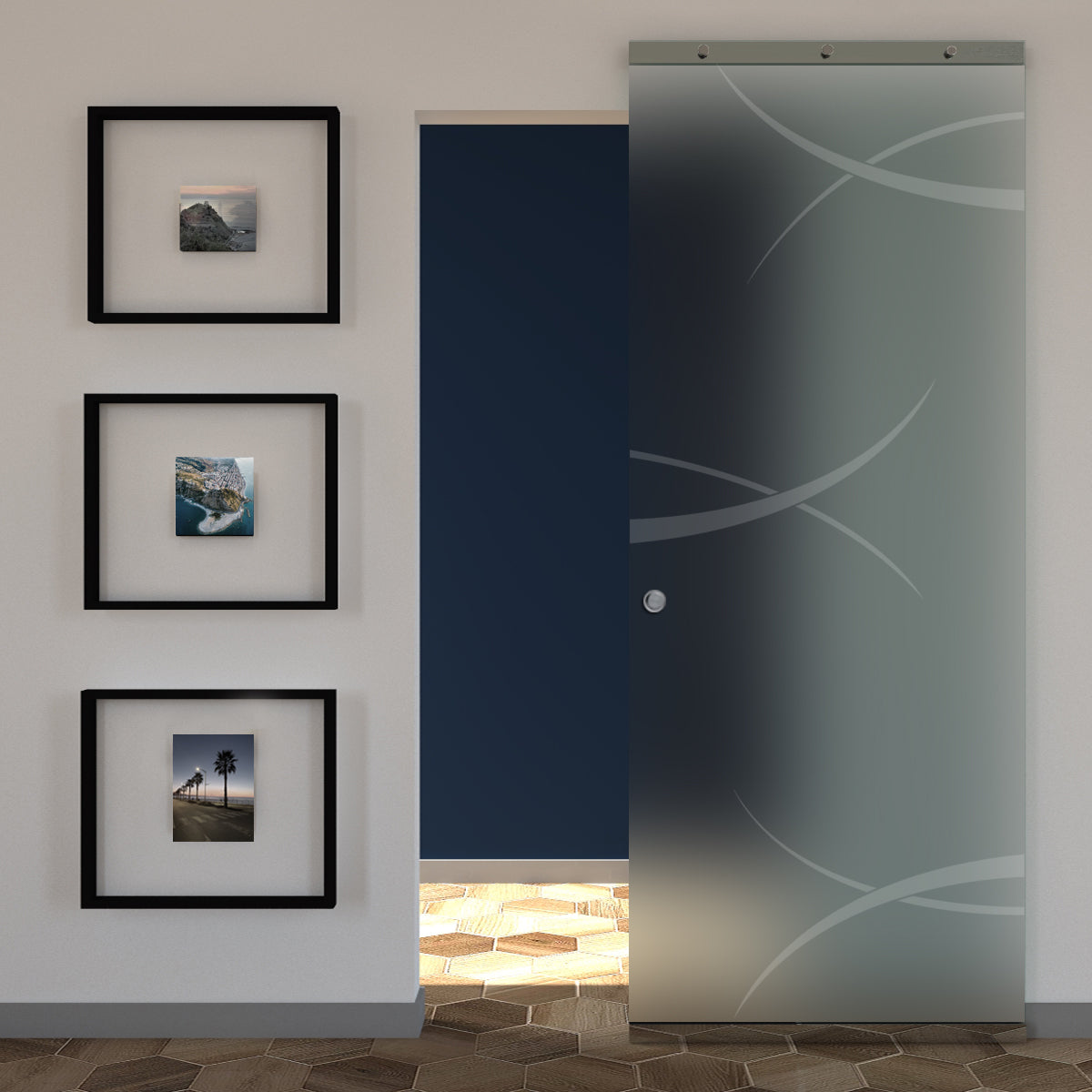 Sliding Satin Glass Door and Sandblasted Design with Invisible Magical Track