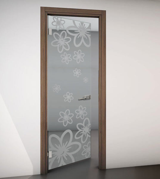 Hinged Door with Wooden Frame and Clear Glass with Sandblasted Design