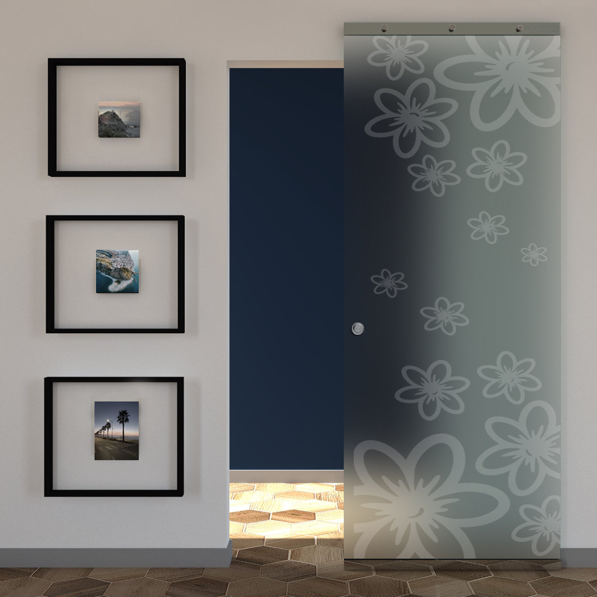 Sliding Satin Glass Door and Sandblasted Design with Invisible Magical Track