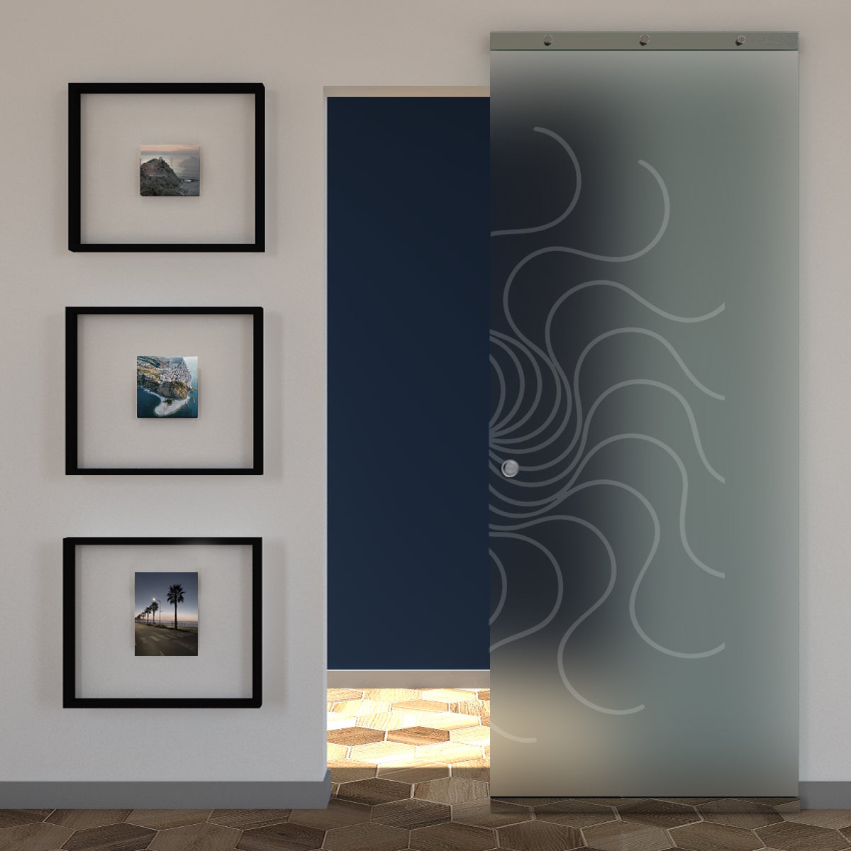 Sliding Satin Glass Door and Sandblasted Design with Invisible Magical Track