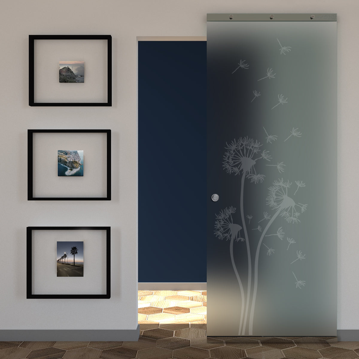 Sliding Satin Glass Door and Sandblasted Design with Invisible Magical Track