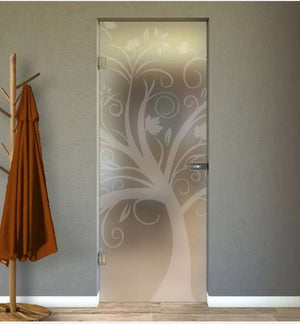 Hinged Door in Satin Glass with Sandblasted Designs