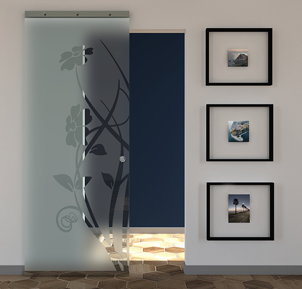 Porta scorrevole vetro satinato e disegno trasparente MAGICAL - EVO FLOWER TWO - 70x210x0,8