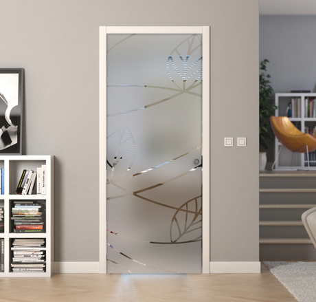 Porte a scrigno vetro sabbiato a disegno trasparente - EVO FOGLIE - Laminato - Bianco - 70x210x0,8