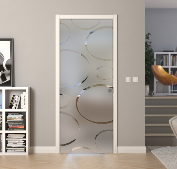 Porte a scrigno vetro sabbiato a disegno trasparente - EVO CIRCLE - Laminato - Bianco - 70x210x0,8