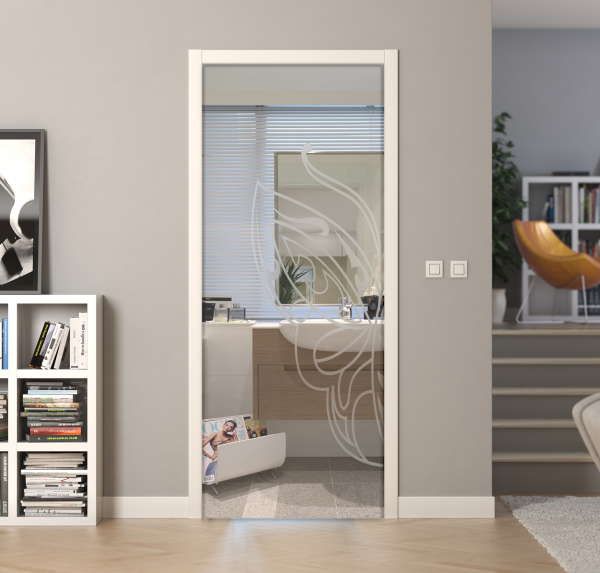 Porte a scrigno vetro trasparente a disegno sabbiato - EVO BUTTERFLY - Laminato - Bianco - 70x210x0,8