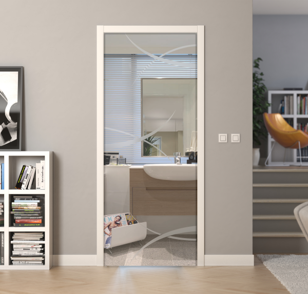 Porte a scrigno vetro trasparente a disegno sabbiato - EVO HARD - Laminato - Bianco - 70x210x0,8