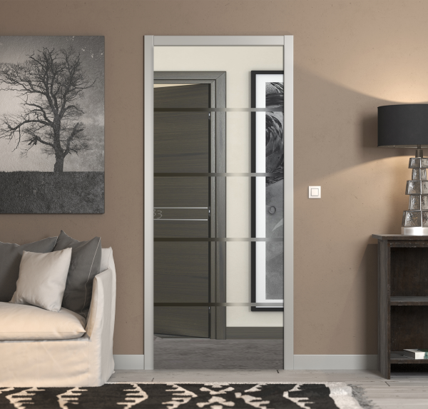 Porte a scrigno vetro trasparente a disegno sabbiato - EVO RIGHE TWO - Laminato - Bianco - 70x210x0,8